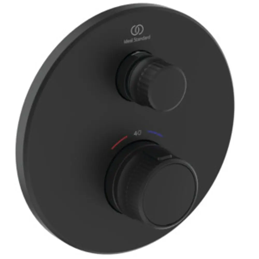 Schwarzer runder Brausethermostat mit zwei Reglern zur Temperatur- und Durchflusssteuerung. Marke Ideal Standard, schlichtes Design.